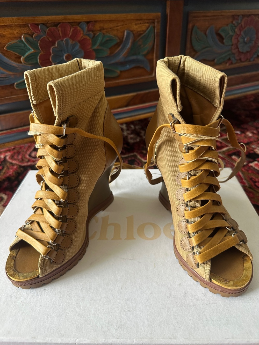 Tan Lace-Up Wedge Ankle Boots